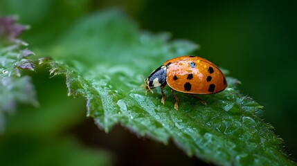 Orange Ladybug on Green Leaf in Nature Close-up