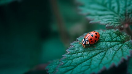 Bright Red Ladybug on Green Leaf in Natural Environment with Soft Focus