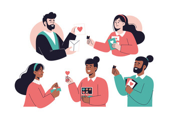 Sharing Chocolate and Valentine's Day Greeting Cards: Illustration of Enthusiastic Group of People 