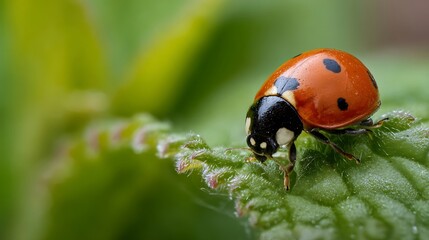 Ladybug on Green Leaf Close Up Natural Macro Scene Vibrant Colors