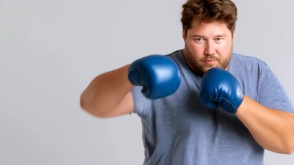 Overweight man boxer wearing blue shirt and boxing gloves focused workout stance punching forward with determined expression fitness exercise gloves - Powered by Adobe