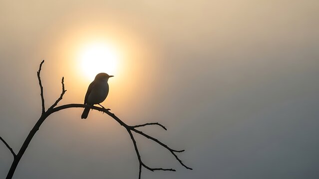 Silhouette of a bird perched on a branch against a golden sunset sky
