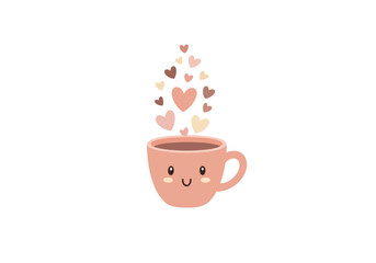 Cute Smiling Face Coffee Mug Illustration with Heart Steam on Valentine's Day