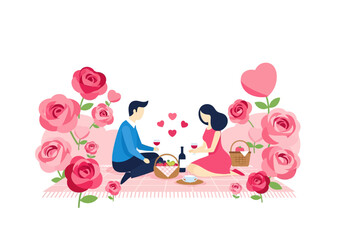 Romantic Valentine's Day Picnic Surrounded by Pink Roses and Heart Decorations