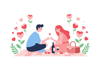 Romantic Picnic Date with Wine and Simple Heart Flowers on a Blanket