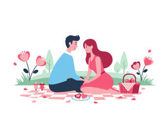 Affectionate Picnic of Young Couple: Sharing Heart Desserts and Drinks on Valentine's Day 
