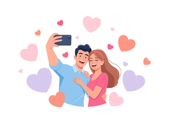 Sweet Couple Taking Valentine's Day Selfie with Heart Background Full of Love