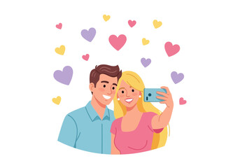 Romantic Couple Taking Selfie Together Celebrating Valentine's Day with Heart Decoration 