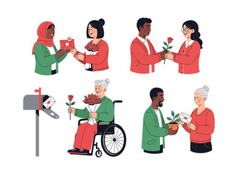 Illustration Set of People Sharing Gifts and Love on Valentine's Day, Character Vector 