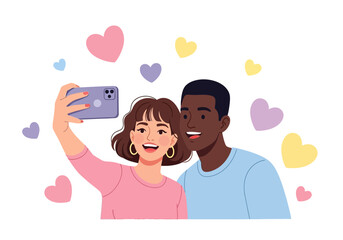 Illustration of Happy Multiethnic Sweethearts Taking a Selfie Photo with Heart Decoration