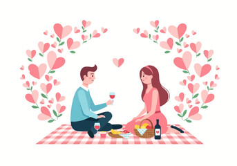 Illustration of Couple's Picnic Under an Arch of Pink Heart Flowers for Valentine Celebration