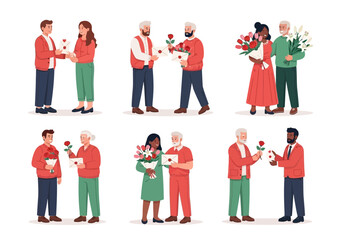Illustration Collection of Couples and People Sharing Letters and Flower Bouquets in Valentine Celebration