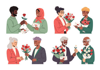 Illustration of Diverse Couples Exchanging Flower Gifts and Love Letters for Valentine's Day