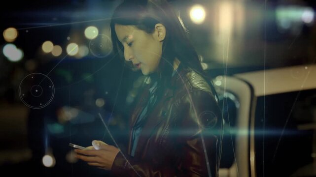 Woman tapping phone beside car, checking street for oncoming traffic while tech overlays animating
