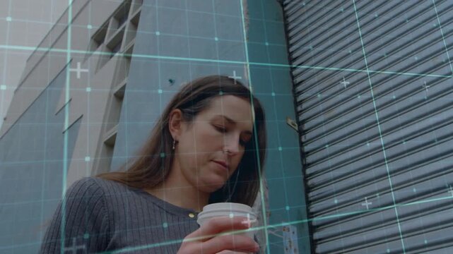 Woman reading smartphone, shifting grip and sipping coffee during break, tech grid tracking motion