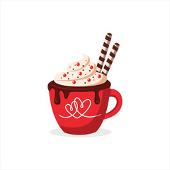 Hot chocolate in a red mug with whipped cream, chocolate sprinkles, and Wafer Sticks, perfect for winter or rainy season, a warm drink that soothes the atmosphere
