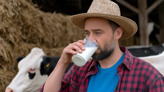 Farmer drinking fresh milk from glass dairy farm with cow and hay barn with straw and hay bale, rustic hat and plaid shirt, wholesome rural lifestyle