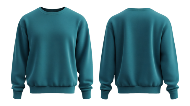 Plain Teal Crewneck Sweater Front and Back Mockup for Casual Style on transparent background