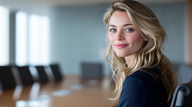 Confident businesswoman smiling in modern conference room
