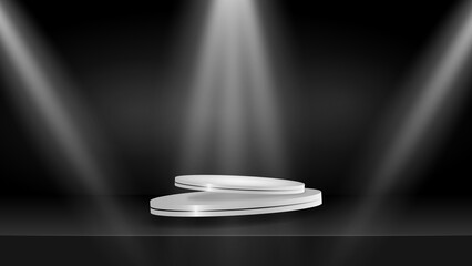 Luxury Product Display Stage Mockup.Realistic 3D Black Studio Scene with Spotlights and Podium Platform.