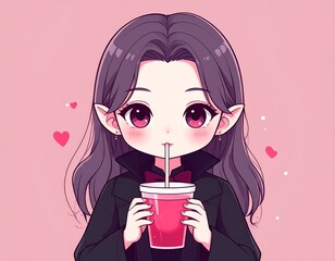 Anime girl drinking pink beverage