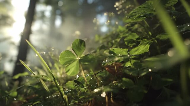 A cluster of vibrant green clover leaves rises from the rich, damp earth, glistening with morning dew under the gentle sunlight. Each leaf stands proudly, embodying the beauty of n