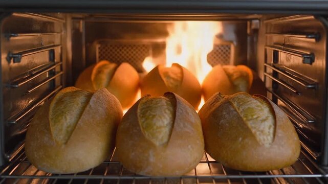 Golden-crusted artisan loaves rising beautifully in a rustic, fiery oven, highlighting the traditional baking process and the promise of warm, fresh bread