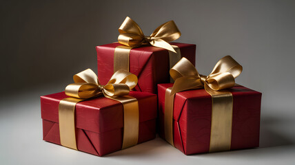 Obraz premium Three elegantly wrapped red gift boxes, each adorned with a radiant gold ribbon and bow, symbolizing the joy of giving and celebration for festive occasions