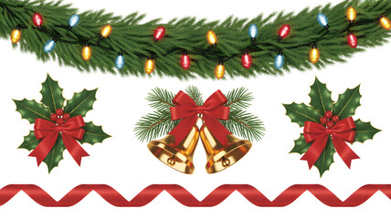 Christmas decorations set green garland with colorful lights, classic holly sprigs with red bows, elegant golden bells, and a decorative red ribbon, isolated on white background