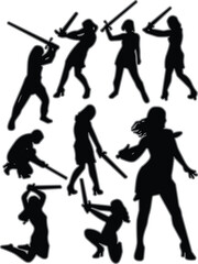 Martial arts silhouette set, stick weapon poses, dynamic combat stances, vector graphic, minimal, black, action, training, art