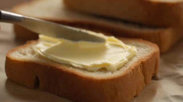 A close-up shot captures the moment fresh, creamy butter is smoothly spread onto a slice of soft white bread, highlighting the simple joy of preparing a  breakfast or snack with care