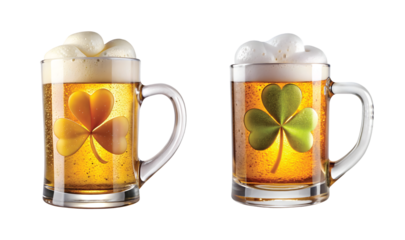 Beer Mug with Shamrock Foam: A clear glass beer mug filled with golden beer and foam rising upward into the shape of a shamrock, PNG cut out.
