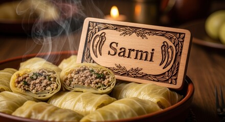 Sarmi &ndash; Bulgarian Stuffed Cabbage Rolls with Visible Filling | Cornel Cherry Wood Plaque, Pepper Flower & Rice Grain Motifs | Traditional Family Food Photography