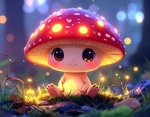 Cute mushroom character in forest scene