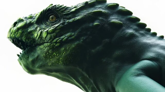 A powerful green dinosaur exhibits intricate scales on its imposing head, showcasing vibrant textures that catch the light. Its fierce eye reveals an intense gaze, radiating primal