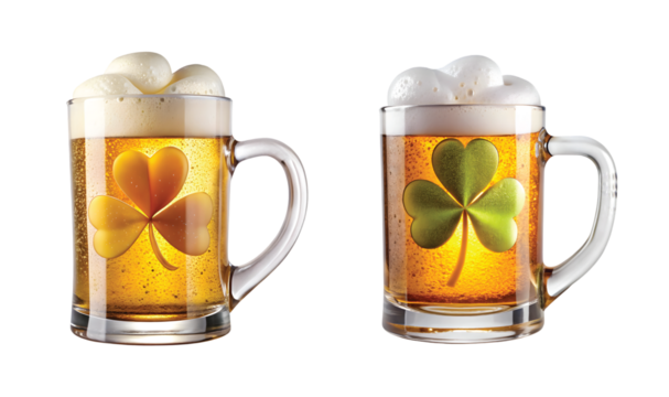 Beer Mug with Shamrock Foam: A clear glass beer mug filled with golden beer and foam rising upward into the shape of a shamrock, PNG cut out. - Powered by Adobe