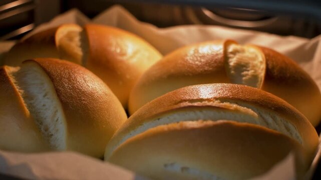 Freshly baked golden brown bread rolls inside a warm oven, ready for serving