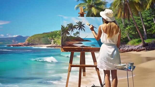 A woman in a white dress and hat is painting on a beach with a tropical backdrop. She stands by the sea, her back to the viewer, with a serene seascape in the background.