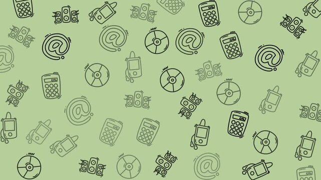 Seamless pattern of retro technology icons on green background