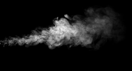 White smoke stream on a black background. Abstract vapor and fog texture for overlay, motion design, or cinematic visual effect in creative digital artwork.