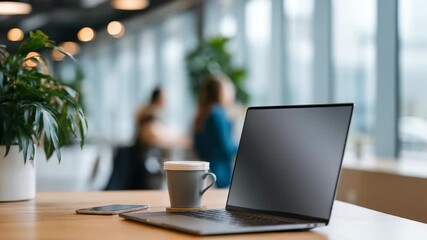 Modern workspace with a sleek laptop, coffee cup, and smartphone on a wooden desk in a bright office with large windows. Natural light and greenery create a productive atmosphere - Powered by Adobe