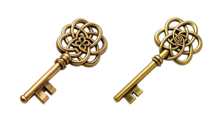Golden Key with Celtic Knot Handle: An antique golden key with its handle forged into an elegant Celtic knot pattern, PNG style.