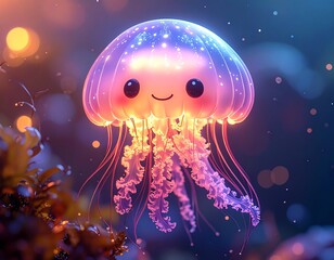 Glowing jellyfish in deep ocean water