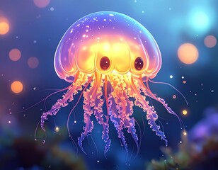 Glowing jellyfish in deep blue water