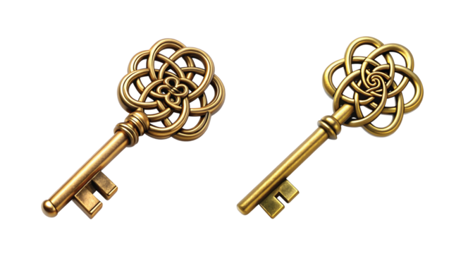 Golden Key with Celtic Knot Handle: An antique golden key with its handle forged into an elegant Celtic knot pattern, PNG style.