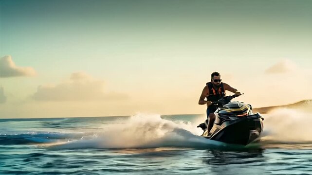 A man riding a jet ski on a body of water during sunset. The jet ski is in motion, creating a wake behind it. The sky is painted in hues of orange and yellow.
