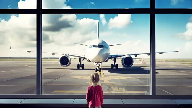 Aerial view of an airplane on tarmac through a large window, with a young girl standing by the window, looking out at the plane. The sky is partly cloudy.