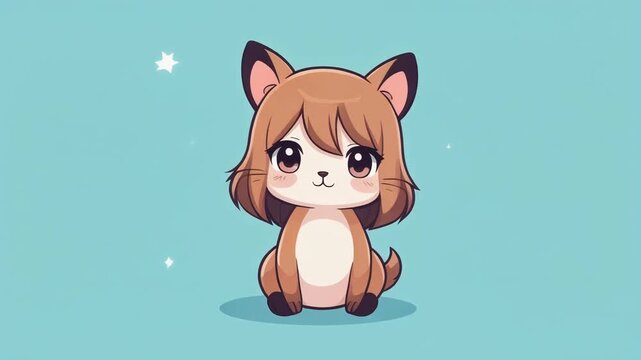 A charming and adorable kawaii chibi animal character with big eyes and pointy ears, sitting happily. A cute anime-style illustration on a simple blue background with stars