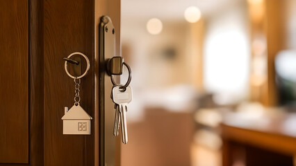 Keys hanging on a wooden door with a house shaped keychain and blurred interior background visible behind