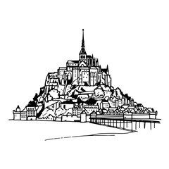 Fototapeta premium Mont Saint-Michel Illustration: A Detailed Black and White Drawing.